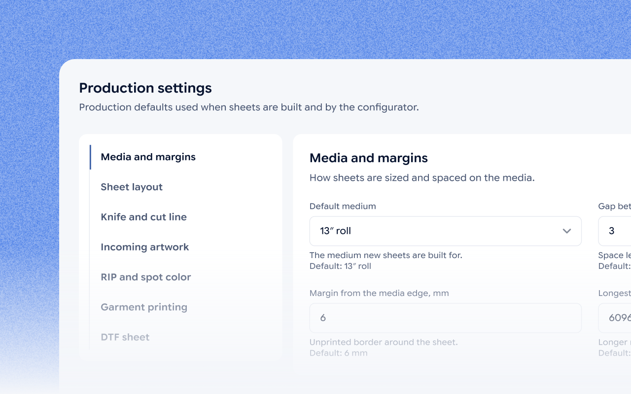 Production settings of the Jifup console: media and margins of the print sheets