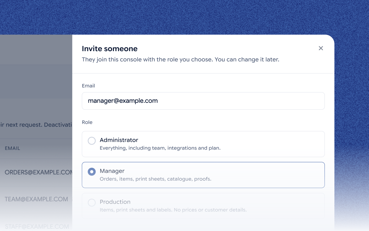 Inviting a team member to the Jifup console with the Manager role