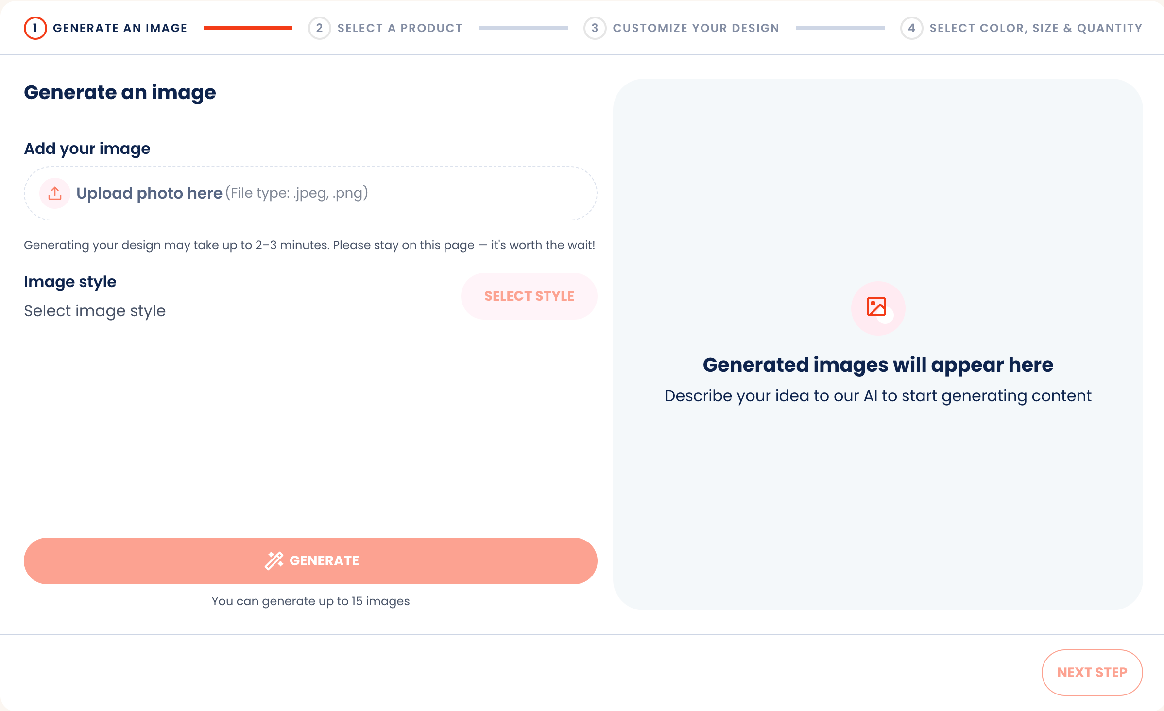 The Jifup product configurator: the first step, Generate an image, with a photo upload and an image style