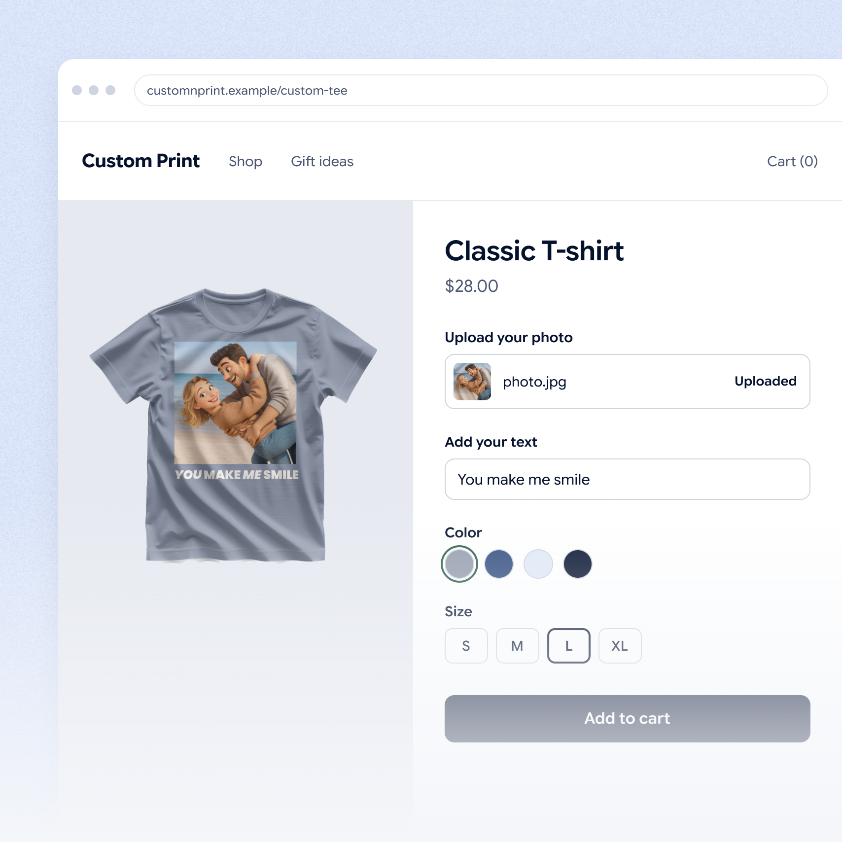 A store page of a custom T-shirt: the customer’s photo is uploaded, the text “You make me smile” added, a color and size L picked