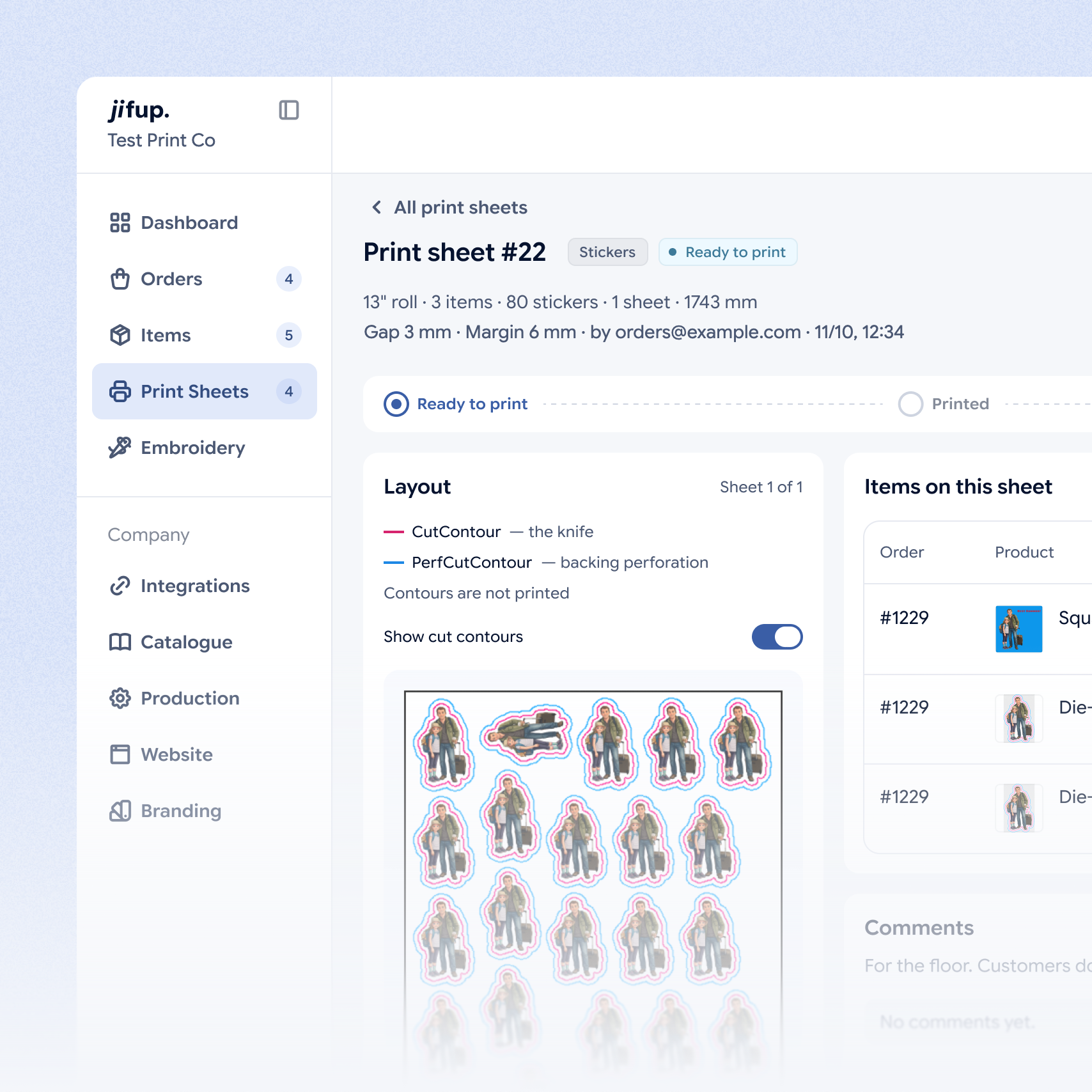 Print sheet #22 in the Jifup console: stickers nested on a 13-inch roll with their cut contours